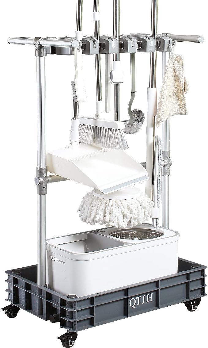 Broom mop holder cleaning supplies organizer janitorial carts on wheels housekeeping station storage tools for garage, garden, closet, cabinet. by QTJH