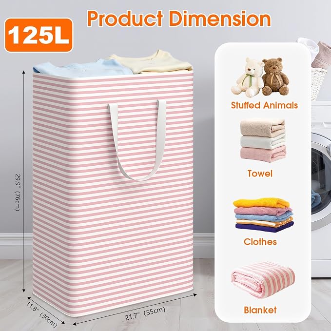 3-Pack Laundry Basket, Collapsible Laundry Hampers, 125L, Pink - Image 2