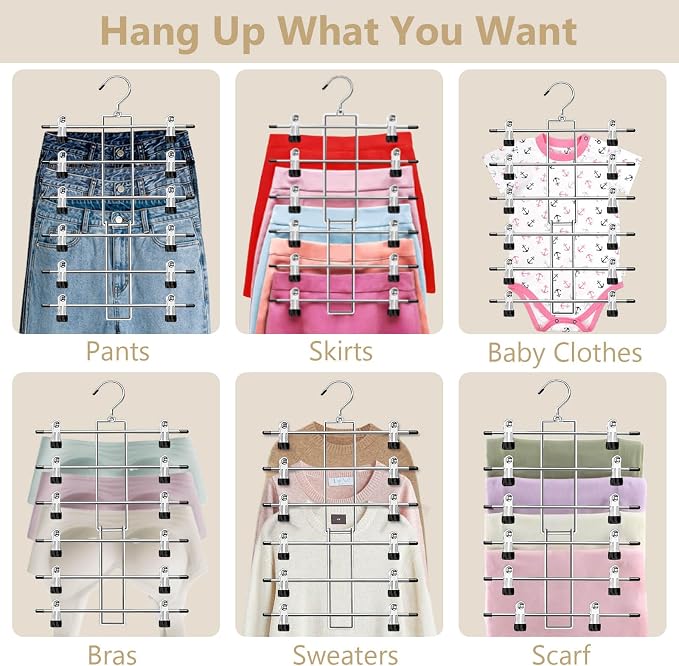 Pants Hangers with Clips,Space Saving Hanging Closet Organizer-6 Tiers Skirt Hangers with 360° Swivel Hook,Closet Organizer-Clothes Hangers- College Dorm Essentials Apartment Essentials- 4 Pack - Image 4