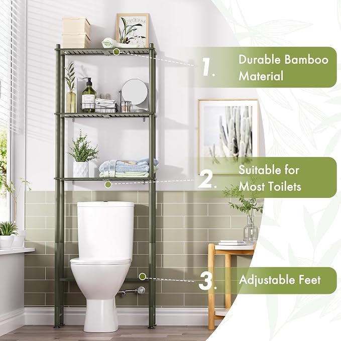 AmazerBath Bamboo Over The Toilet Storage Shelf, 3-Tier Over Toilet Bathroom Organizer Rack, Bathroom Shelves Over Toilet Space Saver, Forest Green - Image 4