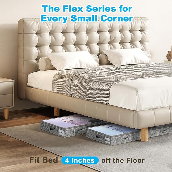 4 Inch Low Profile Under Bed Storage Drawer 4 Pack, Lightweight Underbed Clothes Storage Container Bins With NO STURCTURE, Shallow Storage Bag for Dorm & Home, With Clear Lids & Water-Resistant Fabric - Image 3