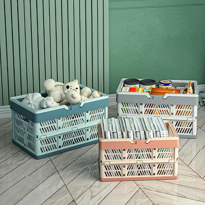 Foldable Handle Storage Crate Bin - 20L Collapsible Plastic Crate Stacking Storage Basket - Pink & Rose M - Image 5