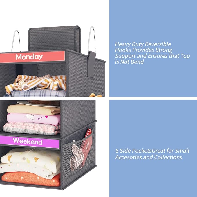 Weekly Kids Clothes Organizer 6-Shelf Hanging Closet Storage Dark Grey | Nonwoven Fabric, 6 Daily Shelves, 6 Mesh Side Pockets, 2 Metal Hooks, Foldable Design, for Kids Outfits and Accessories - Image 5