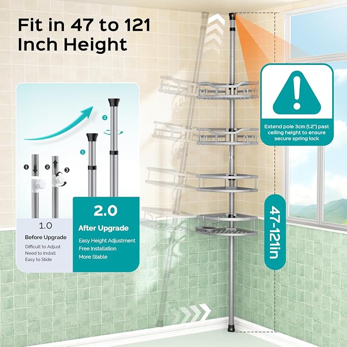 HAMITOR Corner Shower Caddy Tension Pole: Rustproof Stable 4-Tier Bathroom Organizer Shelves for Bathtub Shampoo Storage - 47-121 Inch Quick Install Adjustable Shelf with Soap Rack - Silver Gray - Image 4