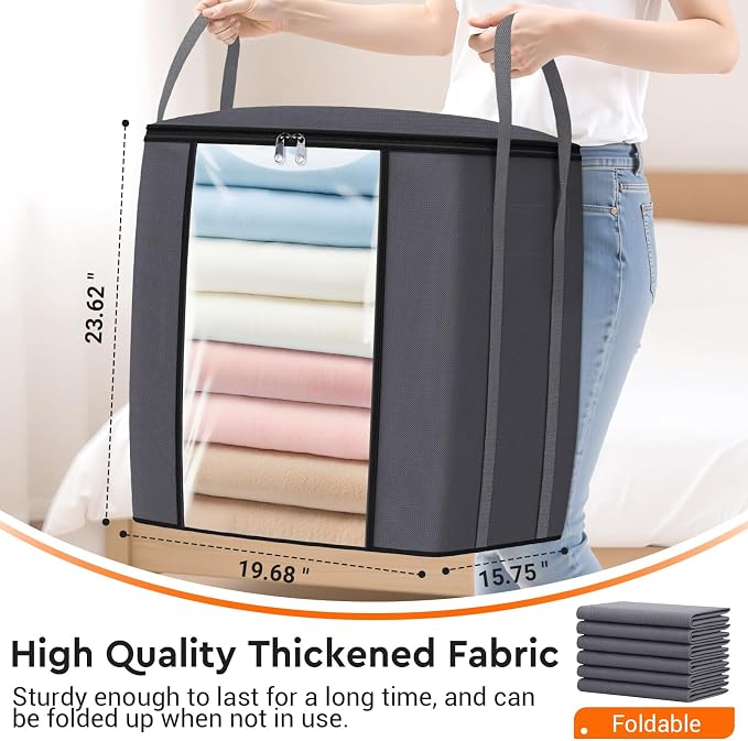 TasticTotes 120L Extra Large Blanket Clothes Storage Bags, Black, 4 Pack | Foldable Blanket Storage and Organization, Thick Fabric Containers with Reinforced Handles & Zippers for Comforters, Bedding - Image 2
