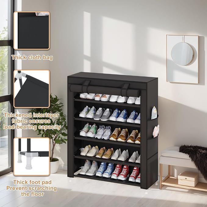 Laiensia 5-Tier Vertical Shoe Rack Organizer, Space Saving Shoe Storage Organizer, Non-Woven Cover Shoe Shelf Holds 20-25 Pairs for Bedroom, Hallway, Closet Entryway, Black - Image 6