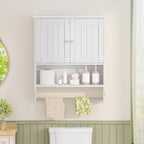 Iwell Bathroom Wall Cabinet, Over The Toilet Storage Cabinet with Towel Rack & Adjustable Shelf, Medicine Cabinet for Bathroom, White - Image 2