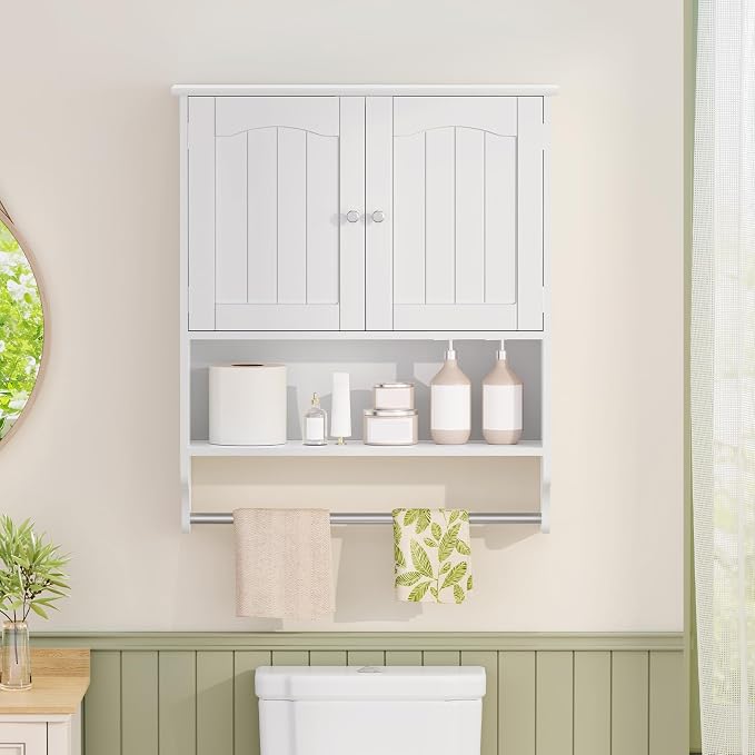 Iwell Bathroom Wall Cabinet, Over The Toilet Storage Cabinet with Towel Rack & Adjustable Shelf, Medicine Cabinet for Bathroom, White - Image 2