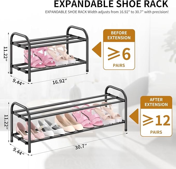 Hleelomi 2-Tier Metal Expandable Shoe Rack for Closet and Entryway, Black - Image 2