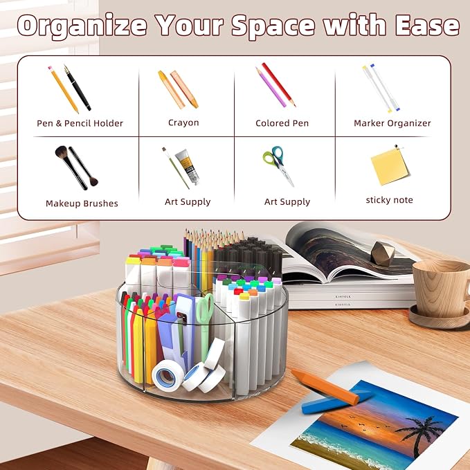 Absonic 500 PCS Acrylic Pencil Holder, 360 Rotating Clear Marker Organizer, Pen Crayon Marker Caddy Organizer for Desk, Desktop Storage and Organizer for Office School Art Supplies, 2 Pack - Image 4
