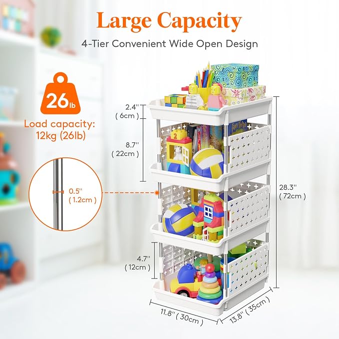 Lifewit 4 Tier Plastic Stackable Storage Baskets for Clothes 2 Pack, White - Image 3