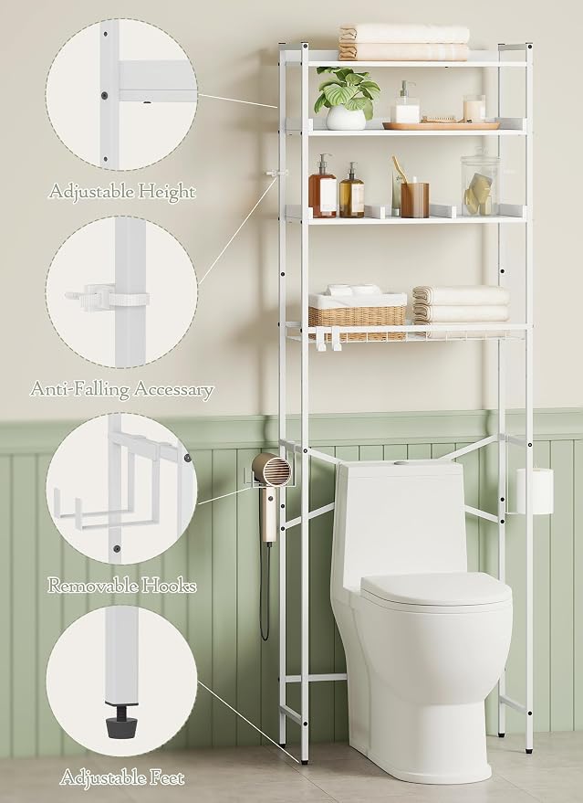 Quikraen 4 Tier Over The Toilet Storage Shelf with 3 Adjustable Shelves, Space Saver Bathroom Organizer with 4 Hooks, Freestanding Above Toilet Rack for Restroom Laundry (White) - Image 3