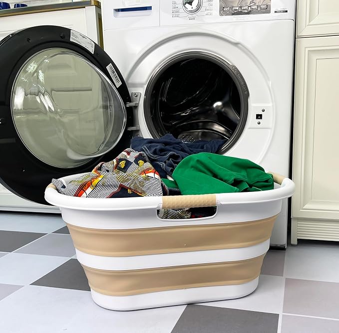 SAMMART 40L (10.5 gallon) Plastic Foldable Laundry Basket/Tub - Collapsible, Space Saving and Portable Laundry Hamper, Ideal for Home, Travel, Dorm, and Camping (1, White/Beige) - Image 6