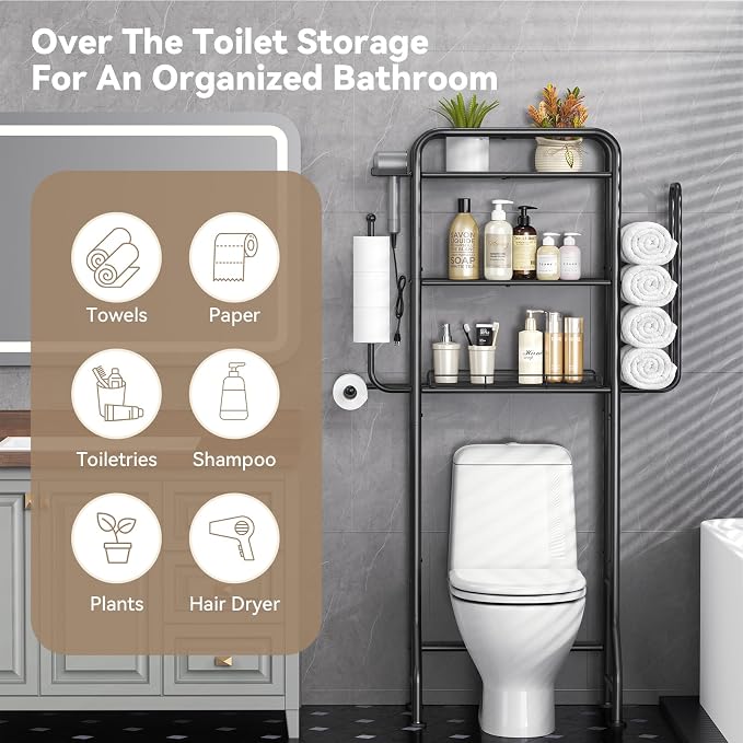 3-in-1 Over the Toilet Storage Rack, 3-Tier Toilet Organizer Shelf - Image 6