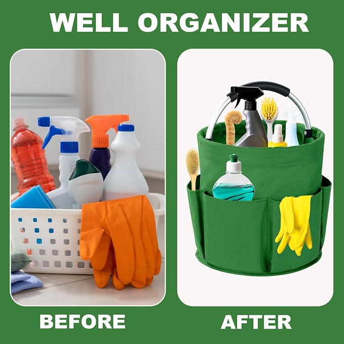 Cleaning Caddy with Handle, 17L Foldable Cleaning Supplies Organizer, Portable Storage Basket, Cleaning Supply Caddy, Multifunctional Cleaning Bucket Bag for Garden, Home, Kitchen (Green) - Image 3
