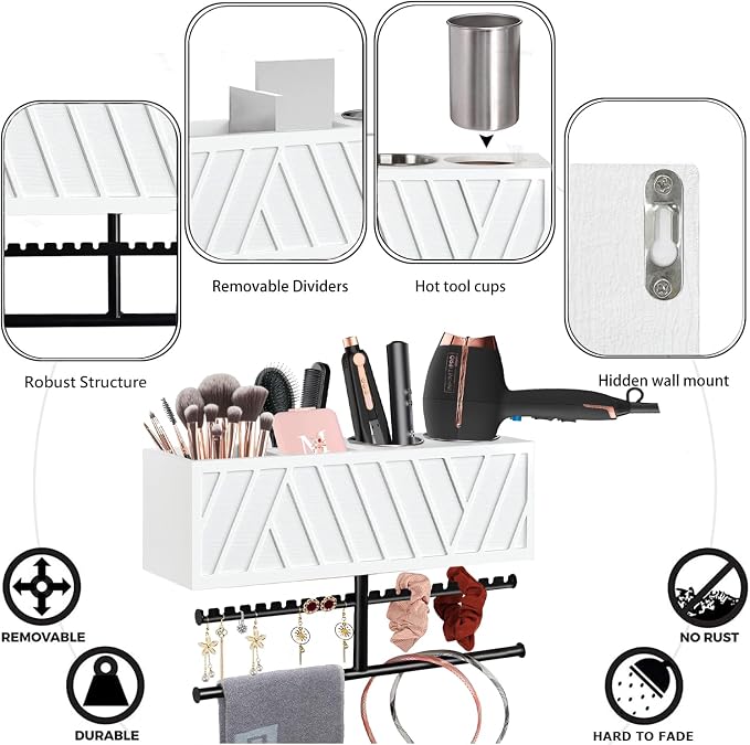 Rustic Hair Dryer Holder Wall Mounted,Hair Styling Tools & Accessories Organizer,Bathroom Supplies & hot Tools vanities Organizer Caddy,for Storage Flat Iron,Blow Dryer,Curling Iron,Towel - Image 4