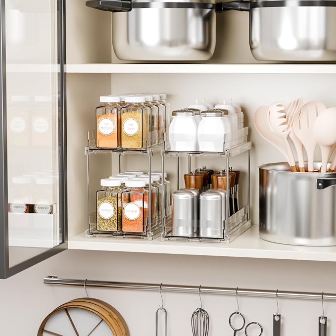 2 Set,2 Tier Pull Out Cabinet Organizer for Supplement and Medication Bottle Organizers,10.4" Deep Pantry Organizers Drawer and Sliding Clear Under Sink Organizer for Bathroom Vanity and Under Counter - Image 7