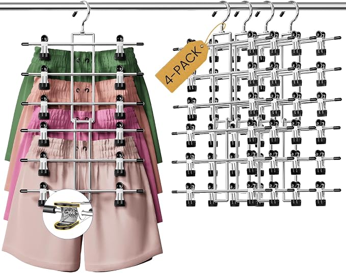 DAMITA Skirt Pants Hangers with Clips Space Saving Hanging Closet Organizer 6 Tiers Hanger with 360° Swivel Hook, Finger-Safe Design- College Dorm Room Apartment Essentials 4-Pack by Damita
