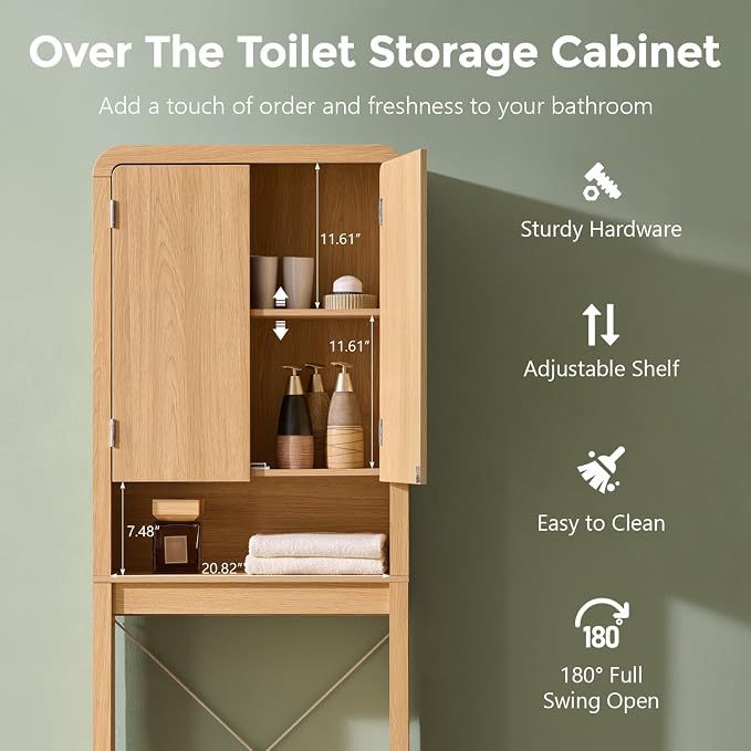 Over the Toilet Storage Cabinet, 69.69" Curved Bathroom Storage Organizer Cabinet with Doors and Adjustable Shelves, Wooden Free Standing Toilet Space Saver Rack, Natural - Image 4