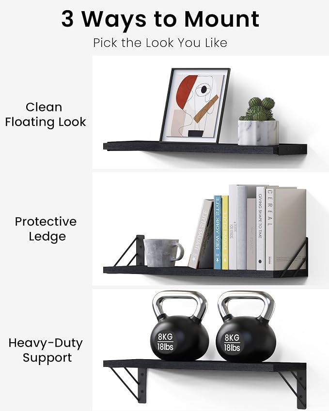 BAYKA Wall Mounted Floating Bathroom Shelves, Wood, Black, Set of 3, 16in - Image 5