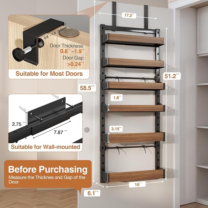 6-Tier Over The Door Pantry Organizer, Heavy-Duty Metal Wall Mount or Hanging Spice Rack, behind the door storage Shelves with Adjustable Basket, Back of Door Organizer for Kitchen Cabinet and Closet - Image 2