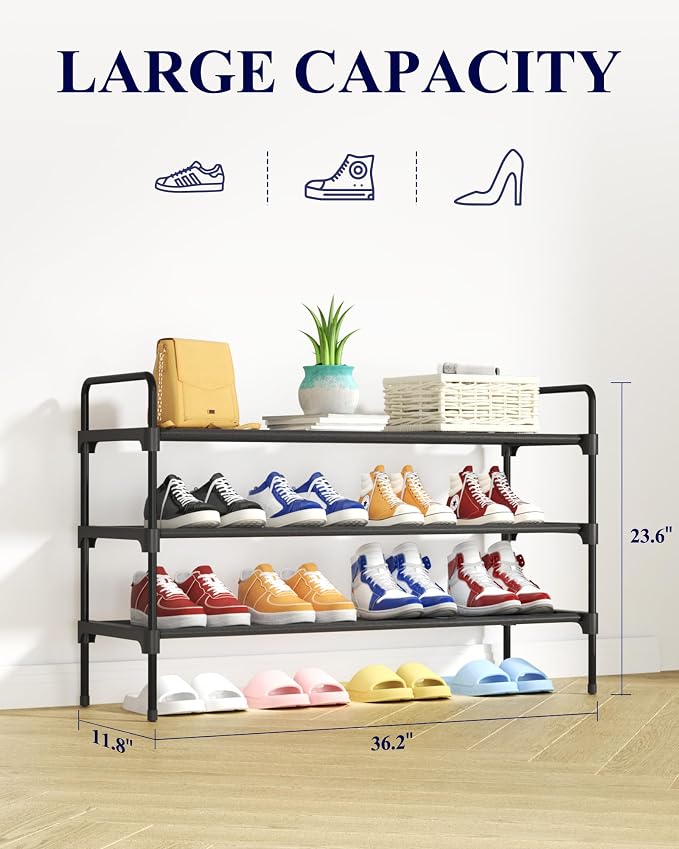 Kitsure Shoe Rack for Closet, Shoe Storage, 36.2" Wide - 3 Tiers, Black | Shoe Organizer for Closet, Entryway, Living Room, Space-Saving Shoe Shelf, Sturdy Zapateras Organizer - Image 2