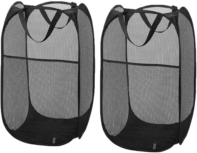 Larpur Popup Mesh Laundry Basket, Collapsible and Portable Clothes Washing Laundry Hamper with Reinforced Carry Handle (Black 2pcs) by Larpur