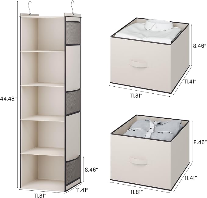 YOUDENOVA Hanging Closet Organizer, Hanging Shelves with Drawers, Beige | Closet Organizers and Storage with 6 side pockets, Foldable Storage for Clothes, Socks, Underwear & More, Breathable Fabric - Image 3