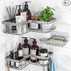 YASONIC Corner Adhesive Shower Caddy, with Soap Holder and 12 Hooks, Rustproof Stainless Steel Bathroom Organizer, No Drilling Wall Mounted Rack, Brushed Silver, 3-Pack by YASONIC