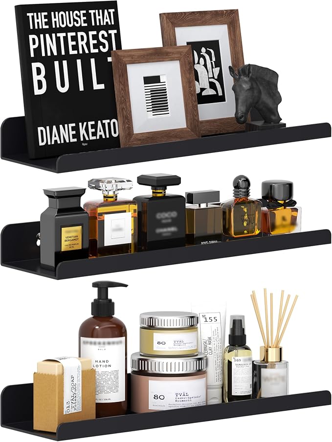 Qukaka Floating Shelves for Wall Decor, 15" Wall Shelves for Bedroom, Living Room, Kitchen, Bathroom Decor, Nail Polish/Book/Decoration/Makeup/Perfume Organizer Floating Shelf-3Pack Black by QukakaHomeCare