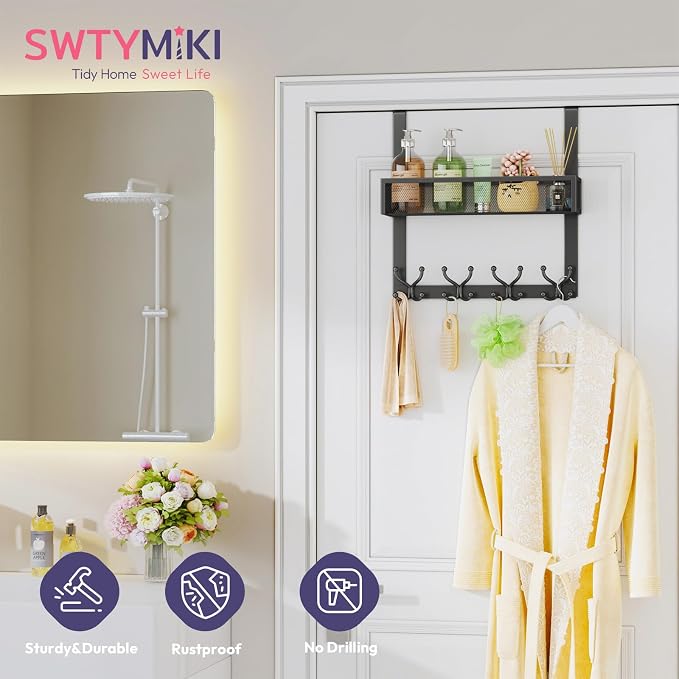 SWTYMIKI Over The Door Hook with 16 Hooks & Mesh Baskets - Heavy Duty Over The Door Organizer Hanger for Towels, Coats, Clothes - Space Saving Hanging Rack for Bathroom, Living Room, Black - Image 3