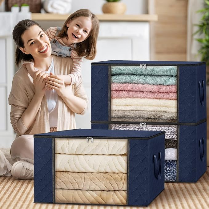 Fab totes 3 Pack Storage Bags for Clothes Blanket Storage Bins with Lids | Foldable Closet Organizers with Zippers,Window and Handles,Fabric Storage Bins for Sweater,Comforter,Bedding,Dorm essentials - Image 7