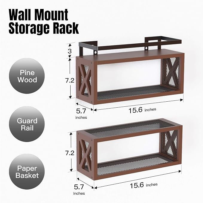 RICHER HOUSE Floating Wood Shelves with Guardrail, Rustic Brown, Wall Mounted, 2 Shelves, Farmhouse Style - Image 3