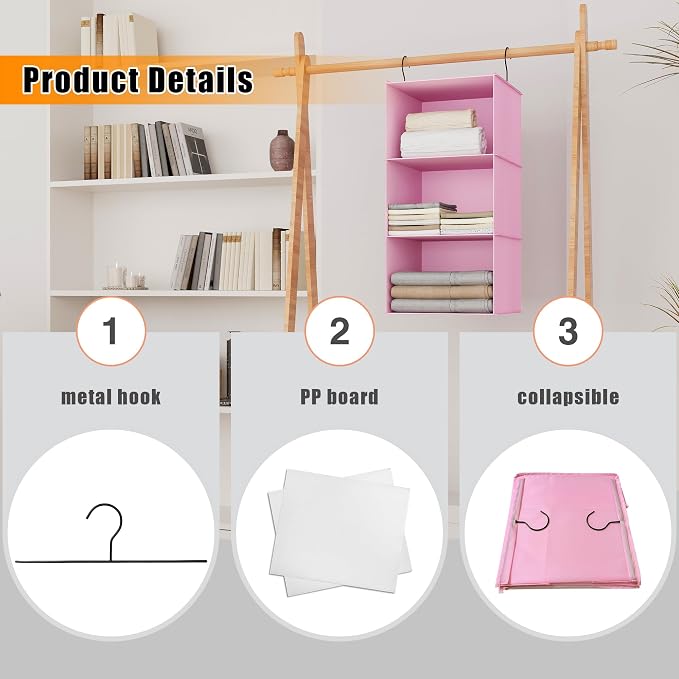 Hanging Closet Organizer 3-Shelf, Oxford Fabric Wardrobe Storage, Pink | Easy-mount foldable design holds clothes, handbags, shoes & accessories; washable Oxford fabric, sturdy and space-saving. - Image 5