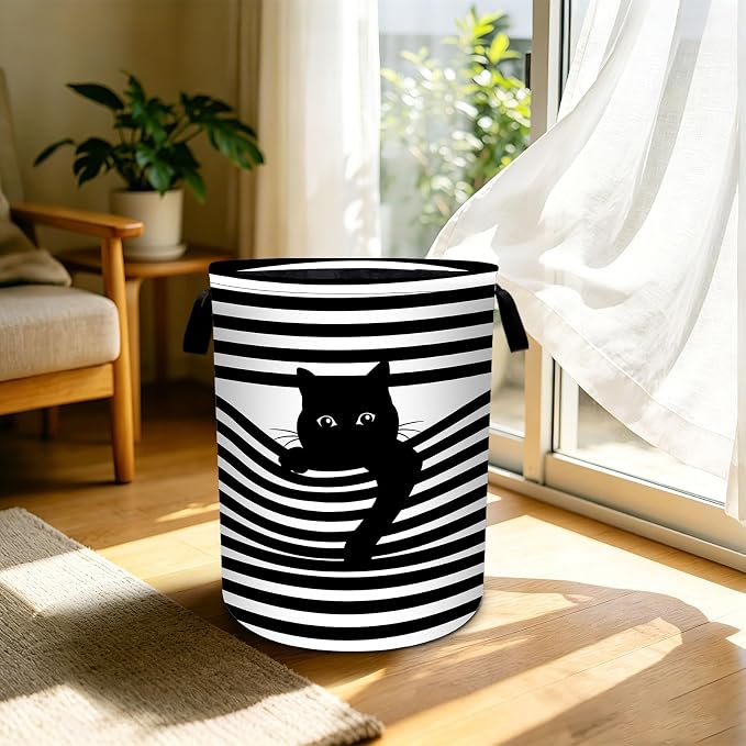 Black White Cat Laundry Basket Foldable Laundry Hamper With Handles Clothes Storage Bucket Organizer Laundry Bag For Bedroom Bathroom Laundry Storage 19.6 x 15.7 - Image 5