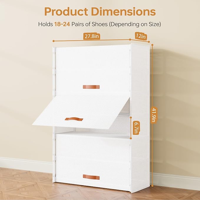 6-Tier Shoe Storage Cabinet with Fabric Cover, Hard Flip Doors, Holds 18–24 Pairs, Enclosed Dustproof Shoe Rack Organizer for Entryway, Closet & Bedroom, Shoe Shelf, White, 27.8" x 12.0" x 41.9" - Image 2