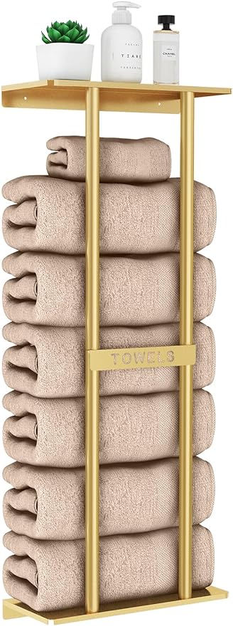 STWWO Bathroom Towel Storage Rack for Bathroom, 30 inch Towel Racks Wall Mounted with Shelf Can Holds 6 Large Towels, Wall Towel Rack for Rolled Towels, Gold by STWWO