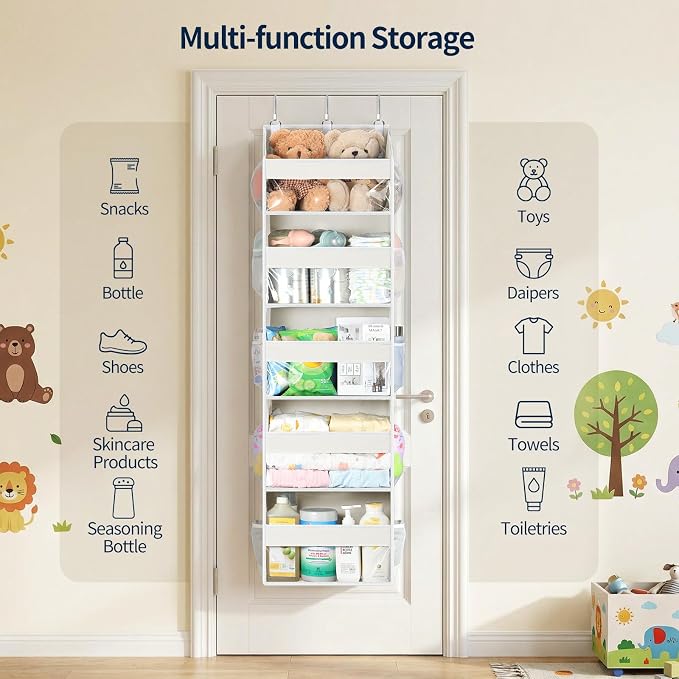 Yecaye 5 Tier Clear Over the Door Organizer Hanging, 5 Large Plastic Pockets and 10 Side Pockets Back of Door Organizer, 56lbs Weight Capacity Behind the Door Storage for Nursery, Ivory White - Image 7