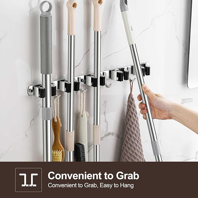 2 Pack Broom Holder Wall Mount, Stainless Steel Broom Hanger Wall Mount, Heavy Duty Mop and Broom Holder Tool Racks Utility Hooks for Laundry Room Garden Garage, Black (5 Racks and 4 Hooks) - Image 2
