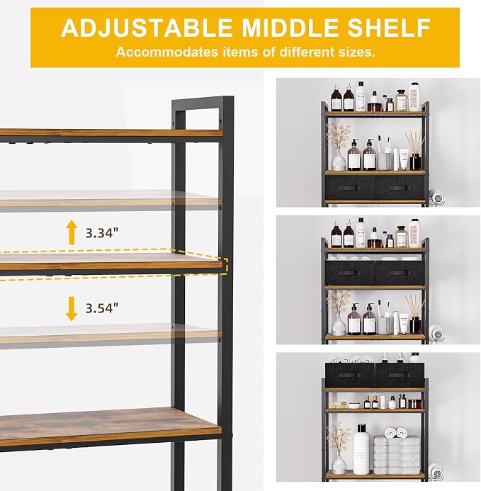 Over The Toilet Storage with Adjustable Wooden Shelves and 2 Fabric Drawers, 4-Tier Over Toilet Bathroom Organizer, Small Freestanding Storage Shelf for Toilet Paper, Towels, Toiletries - Image 4