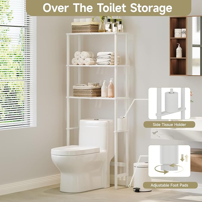Over The Toilet Storage,3-Tier Bamboo Bathroom Shelf with Paper Holder - Image 2