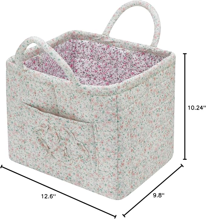 Quilted Fabric Storage Basket with Handles & Pocket, Foldable Laundry Hamper Boho Floral Print Organizer Bin for Home, Picnic, Office 12"x10"x10" (A-1) - Image 8