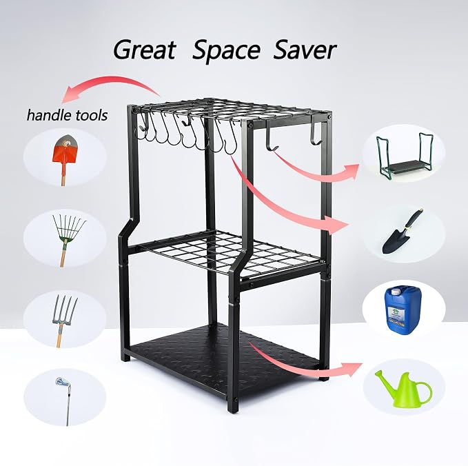 YueTong Garden Tool Organizer Heavy Duty,Yard Tool Tower Rack,Garage Storage Organization for Long Handle Tools,Rake,Brooms,Extra Hooks for Small Shovel,Shear.All Metal,Free Standing. - Image 4