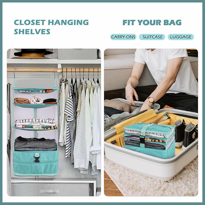Surblue Hanging Closet Storage Bag Collapsible 3-Shelf Washable Oxford Fabric with 2 Hooks (L 11.41 * 11.41 * 19.68in, Aqua Blue) - Image 3