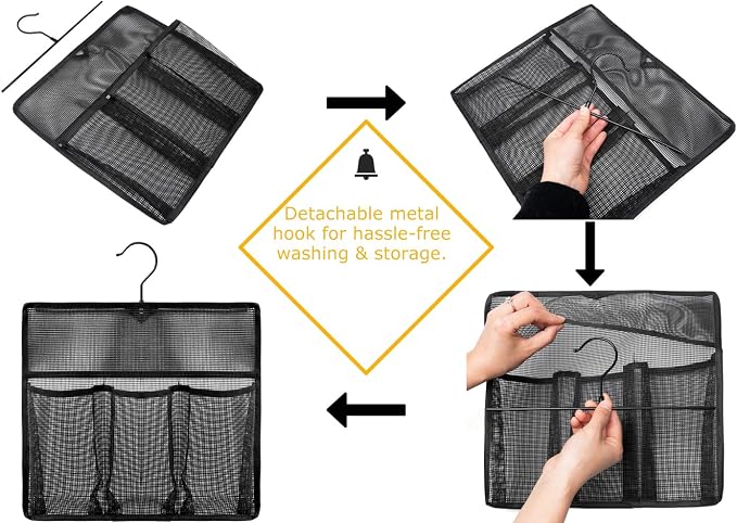 ALYER Mesh Shower Organizer, Shower Caddy with Rotating Detachable Metal Hanger, Quick Dry Bathroom Storage for Toiletry Accessories, Portable Shower Bag for RV, Dorm, Gym and Travel, Gray - Image 4