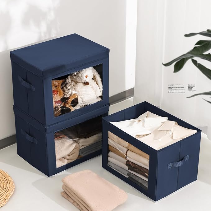 Homsorout Stackable Storage Bins with Lids - Large Storage Box with Lids, Foldable Closet Boxes for Organizing, Wardrobe Clothes Organizer with Window, Cubes Bins for Living Room, 4 Pack, Navy Blue - Image 4