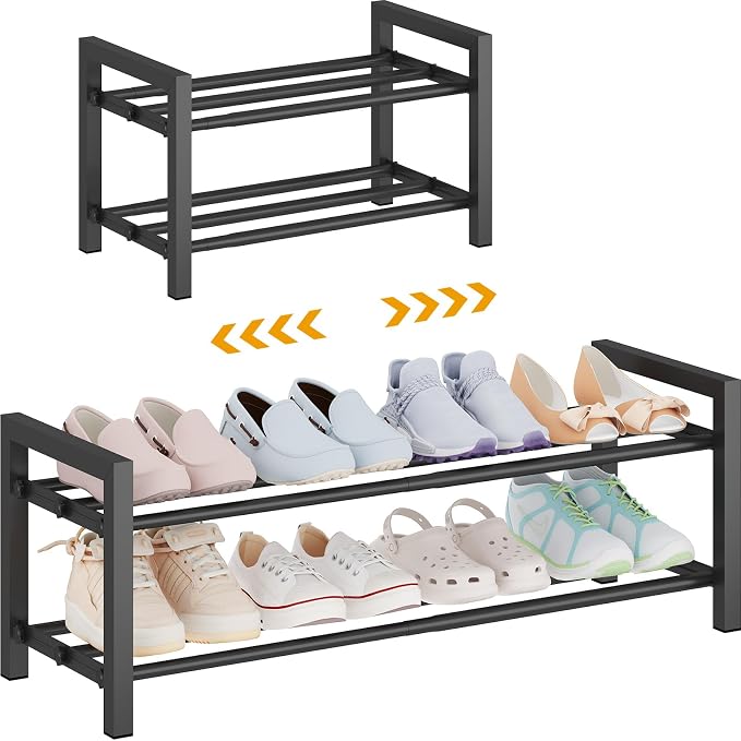 Expandable Metal Shoe Rack for Closet & Entryway, Shoe Storage Organizer | 2 Tier • Adjustable Width • Holds 6–9 Pairs • Heavy-Duty Steel • Space-Saving Design • Easy Assembly by Detsuk
