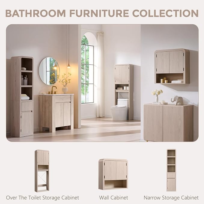 Over the Toilet Storage Cabinet, 69.69" Curved Bathroom Storage Organizer Cabinet with Doors and Adjustable Shelves, Wooden Free Standing Toilet Space Saver Rack, Cream - Image 8