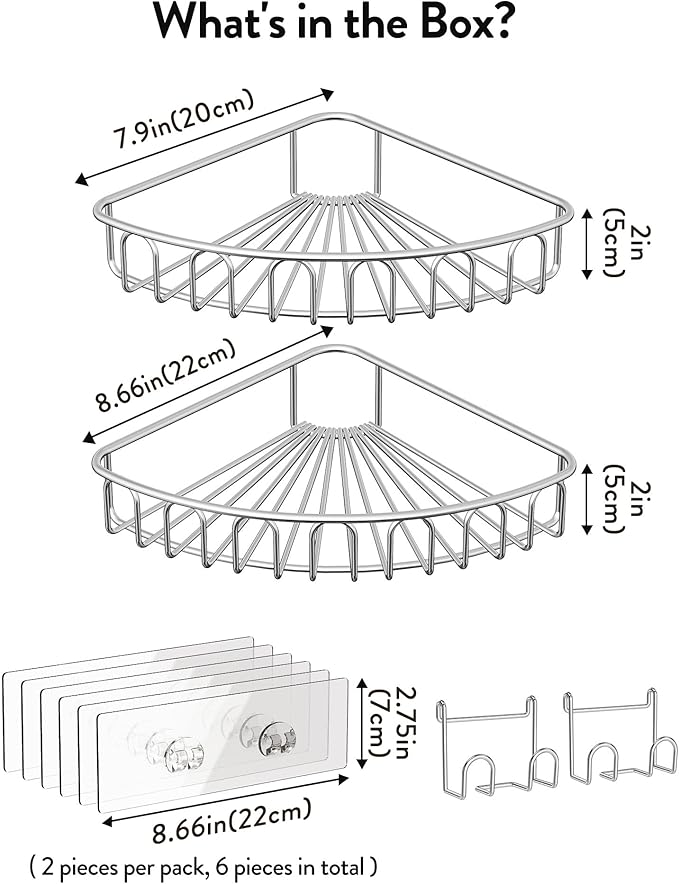 Orimade Corner Shower Caddy Stainless Steel with Hooks Wall Mounted Bathroom Shelf Storage Organizer Adhesive No Drilling 2 Pack, Silver Only for 90-Degree Corner - Image 10