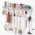 Broom Holder Wall Mount with Shelf,Broom Hanger,3 in 1 Broom and Mop Organizer Wall Hanging for Laundry,Garage,Utility,Broom Rack,Vacuum Stand Alternative,Cleaning Supplies Organizer Storage,White,XL by Unknown